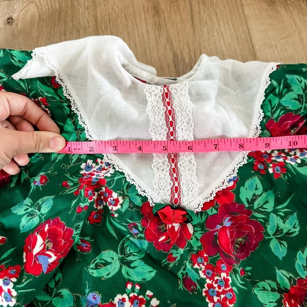 Vintage Girls 3T Kalula Kids Green & Red Rose Floral Dress‎ Lace Collar 90's